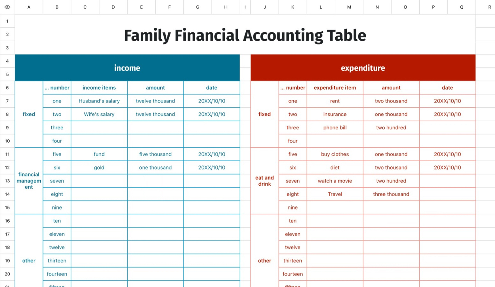 Family Financial Accounting Table